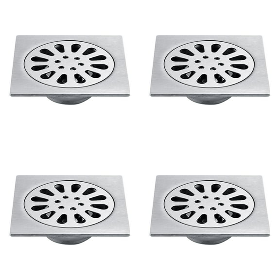 LMTODLFG Odor-Proof Floor Drain, Stainless Steel Bathroom Tile Insert Shower Drainer with Removable Strainer Cover, 4-inch Square Anti-Clogging for Kitchen Balcony Garage, 4PCS Silver