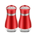 thumbnail image 1 of LMTODLFG Salt and Pepper Shakers (2-Pc. Set) Modern Stainless-Steel w/Clear Glass Bottom | Compact Cooking, Kitchen and Dining Room Use | Classic, Refillable Design (Red), 1 of 5
