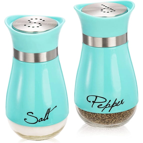 LMTODLFG Salt and Pepper Shakers (2-Pc. Set) Modern Stainless-Steel w/Clear Glass Bottom | Compact Cooking, Kitchen and Dining Room Use | Classic, Refillable Design (Light Blue)