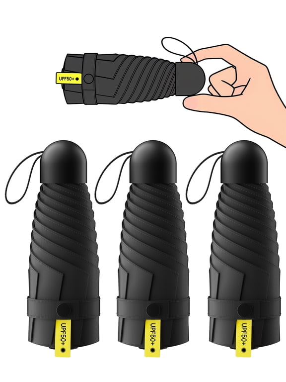 Travel Mini Umbrella Small Compact, Portable Umbrella with UV Protection UPF 50+, Rainproof & Sunproof Folding Umbrella, Backpack & Pocket-Friendly, Suitable for Kids, Women & Men (Black)
