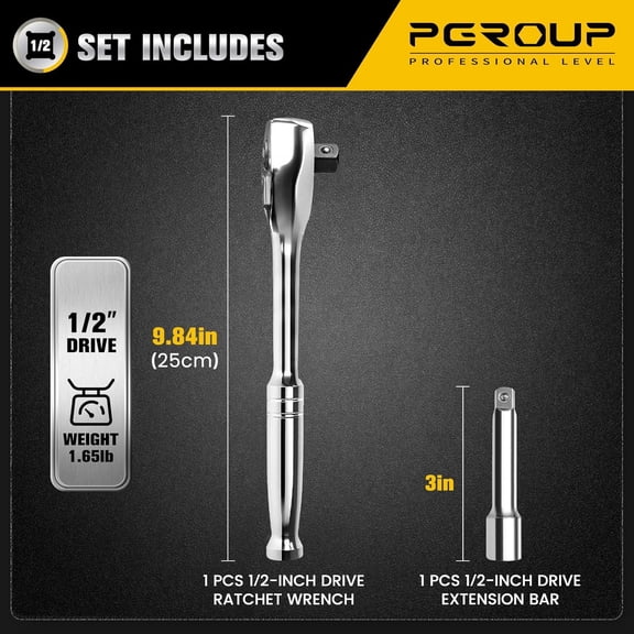 LMUMN-1/2-Inch Drive Ratchet Wrench, 90-Tooth Quick-release Reversible Ratchet Wrench with an Extension Bar(3 inch), 10" Long Socket wrench, 4-Degree Swing, Full Polished, Cr-Mo Head For Gifting, Re