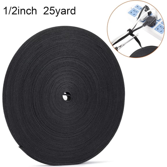 LMUMN-1/2 inch Reusable Fastening Tape Cable Ties Double-Sided Hook-and-Loop Cable Management Tape (Black 25 Yards)