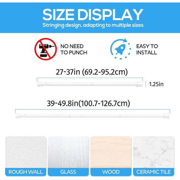 LMUMN-1 Pack Spring Tension Rods 28-49 Inches, 7/8 Inch Diameter White No Drill Spring Loaded Adjustable Extendable, Small Short Tension Curtain Rod for Windows Kitchen Doorway Closet Cupboard