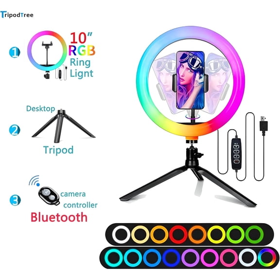 LMUMN-10" Selfie Ring Light with 4" Desktop Tripod Stand & 1 Phone Holder, LED Ringlight with Dimmable Modes(RGB) for Makeup/Photography/Videos/Vlog/TikTok (STDLR10-V2)