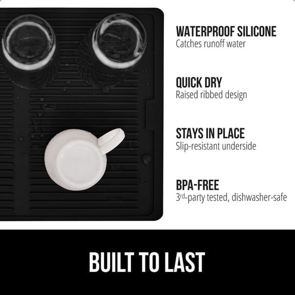 LMUMN-100% BPA-Free Patented Silicone Dish Drying Mat for Kitchen Counter, 18x16 Inch, Water Catching Ribbed Design, Easy Clean Waterproof Sink Liner, Heat Resistant, Fits Under Rack, Black