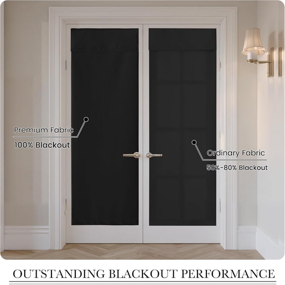 LMUMN-100% Blackout Linen French Door Curtain - Home Decor No Drill Door Curtain for Front Window, Thermal Insulated Privacy Blinds with 2 Adhesive Tapes, W 26 x L 40, 1 Panel, Black