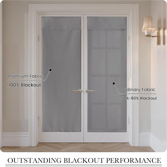 LMUMN-100% Blackout Linen French Door Curtain - Home Decor No Drill Door Curtain for Front Window, Thermal Insulated Privacy Blinds with 2 Adhesive Tapes, W 26 x L 69, 1 Panel, Grey