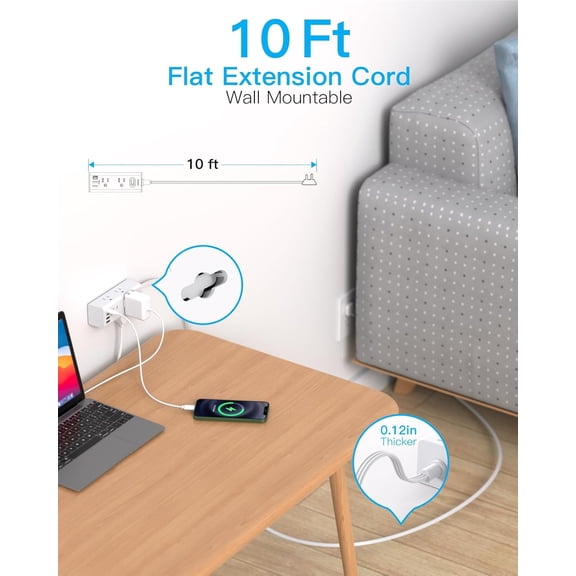 LMUMN-10Ft Extension Cord with Multiple Outlets,Flat Plug Power Strip