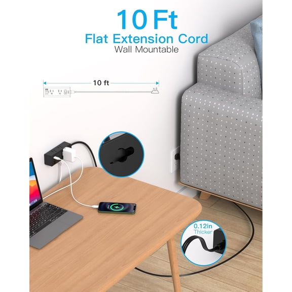 LMUMN-10Ft Extension Cord with Multiple Outlets,Flat Plug Power Strip
