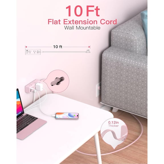 LMUMN-10Ft Extension Cord with Multiple Outlets,Flat Plug Power Strip