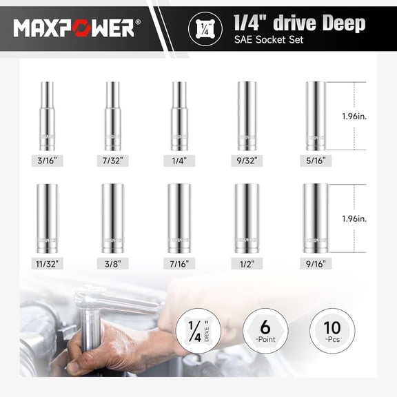 LMUMN-10PCS 1/4" drive Deep Socket Set, SAE, 6-ponit Sockets 3/16", 7/32", 1/4", 9/32", 5/16", 11/32", 3/8", 7/16", 1/2", 9/16"