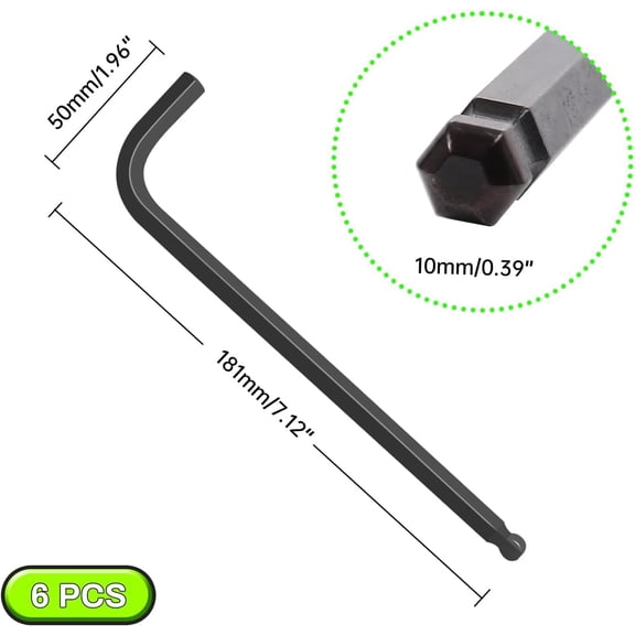 LMUMN-10mm Ball End Hex Key Set, 6pcs L-Shaped Allen Wrenches Long Arm, CR-V Steel, Black Oxide Finish, High Torque Repairing Tool for Furniture, Bike, Equipment Maintenance