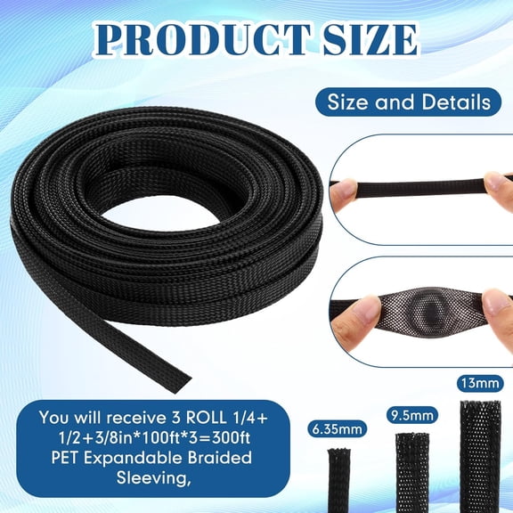 LMUMN-150 Feet 1/4, 1/2, 3/8 Inches Wire Loom PET Expandable Braided Sleeving Braided Sleeve for TV, Computer, Home Theater (Black)