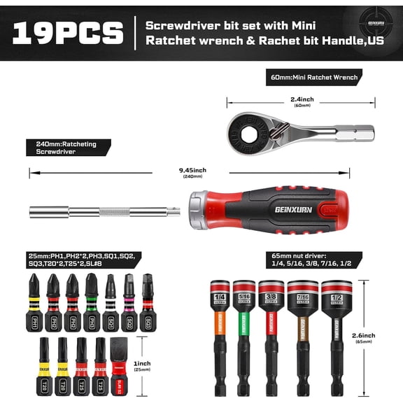 LMUMN-19 Pieces Ratcheting Screwdriver Set and Socket Wrench Set, Mini Rachet Wrench, Rachet Screwdriver Handle and Nut Driver with 12 Pcs Impact Screwdriver Bit, Hand Tools Set for Repair DIY