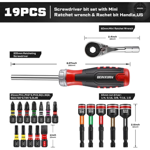 LMUMN-19 Pieces Ratcheting Screwdriver Set and Socket Wrench Set, Mini Rachet Wrench, Rachet Screwdriver Handle and Nut Driver with 12 Pcs Impact Screwdriver Bit, Hand Tools Set for Repair DIY