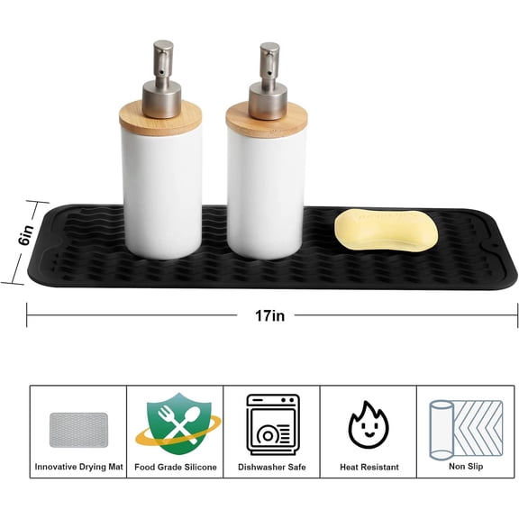 LMUMN-2 Pcs Small Dish Drying Mat (6" x 17" / 153 x 433mm) - Narrow Silicone Drainer for Kitchen Counter, Apartment & RV - Compact Sponge Holder & Sink Caddy Tray, Non-Slip Food-Grade Silicone (Blac