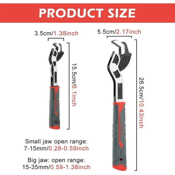 LMUMN-2PCS Adjustable Wrench, 7-15mm,15-35mm Quick Self-Adjusting WrenchSet, Multi-function Auto Size Adjusting 6 Inch & 10 Inch Pipe Wrenches for Car, Bicycle & Plumbing Repairs(black red)