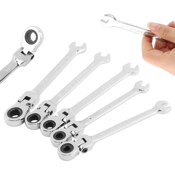 LMUMN-5pcs Flex Head Ratcheting Wrench Set, Metric 6-10mm Spanner Gear Ring Ratcheting Combination Wrenches Kit, 180 Head, 72 Tooth, Box End and Open End Wrench for Tight Spaces(Silver)