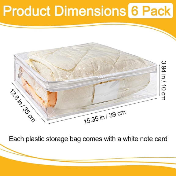 LMUMN-6 Pack Clear Zippered Plastic Storage Bags, Vinyl Sweater Bags with Zipper, Durable Clothing Organizer Protectors for Quilt, Blankets and Bedding, 15.3" x 13.8" x 3.9"
