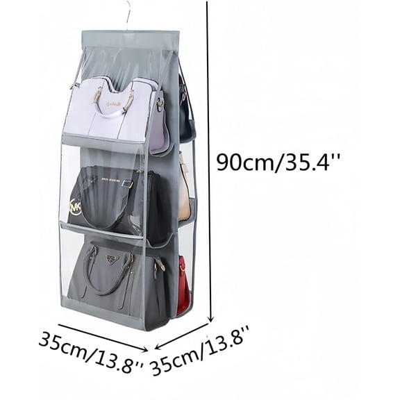 LMUMN-6 Pockets Clear Handbag & Purse Organizer Hanging Bag Storage - Space Saving Hanging Shelf for Closet, Wardrobe, Over Door (2 Pack, Grey)