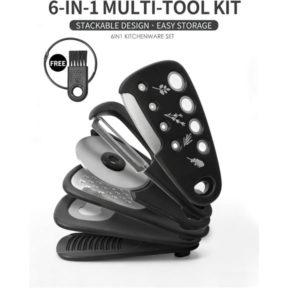 LMUMN-6-in-1 Multifunctional Kitchen Gadget Set, Stackable Portable Kitchen Tools with Non-Slip Grip, Rust-Resistant Blade for Herb Cutting, Cheese Grating, Peeling, Camping & RV Cooking (red)