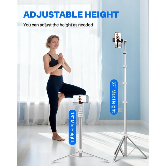 LMUMN-67" Phone Tripod, Extendable Tripod for iPhone, Selfie Stick with Remote and Phone Holder, Compatible with iPhone/Android/Camera, Light Stand (Silver)