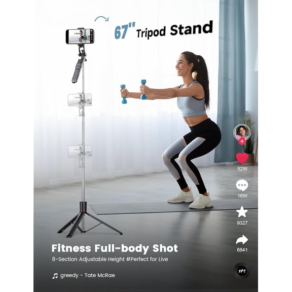 LMUMN-67 Selfie Stick Tripod with Light, Basic Phone Stand for iPhone & Samsung, All-in-One Extendable Tripod with Remote, 360 Rotation Handle, Portable Travel Vlog Kit for Video Recording Live S