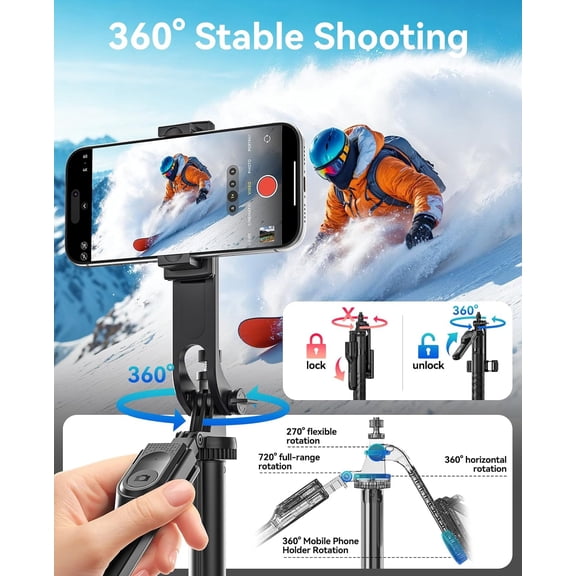 LMUMN-69" Phone Tripod & Selfie Stick - 360 Rotatable Phone Holder for Multi-Angle Shooting, Wireless Remote, Extendable Stand for iPhone, Android, Camera, GoPro, Travel, Vlog, Recording - SPM175
