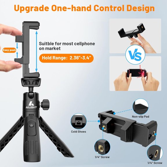LMUMN-Ailight 11.2" Mini Tripod for iPhone, Selfie Stick with Wireless Remote,Portable Extendable,Upgraded Phone Clip & Action Camera Adapter Phone Holder for Video Recording (Matte Black)