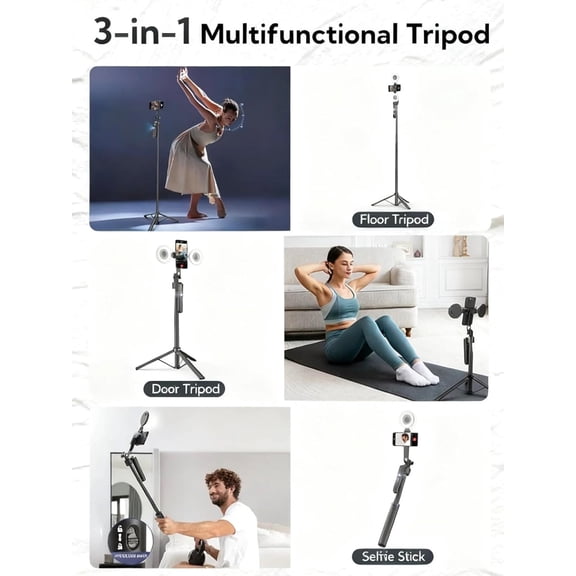 LMUMN-Black Tripod for iPhone with Light, Ring Light Holder for iPhone, Adjustable Selfie Stick Stand with Fill Light, Extendable Phone Tripod for Video Recording, Live Streaming, and Photography