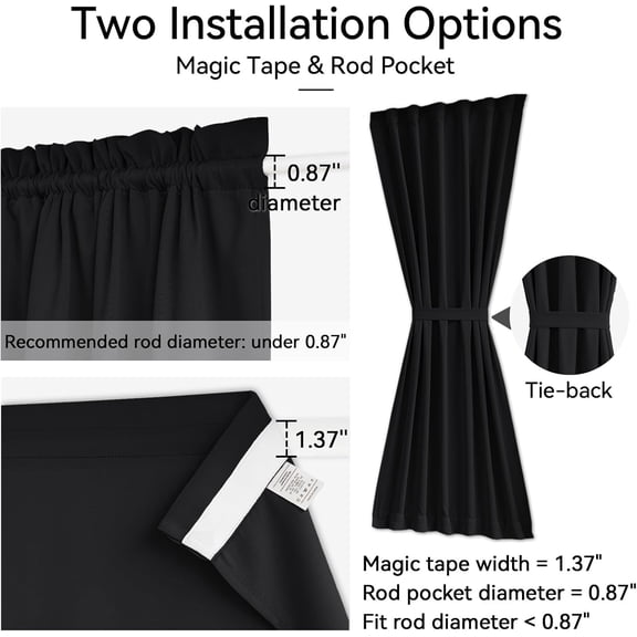 LMUMN-Blackout Door Panel Curtain - Self Adhesive Curtains with Tieback for Front and French Doors, 1 Panel, W25 x L72, Black