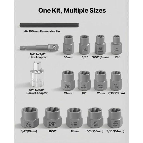 LMUMN-Bolt Extractor Kit, 16 Pieces Impact Bolt & Nut Remover Set with Adapters and Pin Punch, Solid Storage Case, Cr-Mo Steel for Removing Damaged, Rusted, Stripped, Rounded Bolts, Nuts and Screws