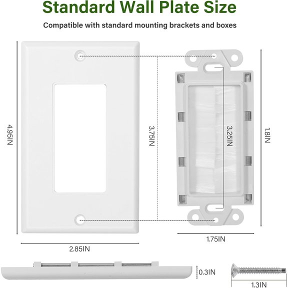 LMUMN-Brush Wall Plate with Low-Voltage Mounting Bracket 4 Pack, 1-Gang 4.95" x 2.85"Decorative Style Pass-Through Insert for HDMI/Ethernet/Speaker Wires, Cable Management for TV & Home Theater, Whi