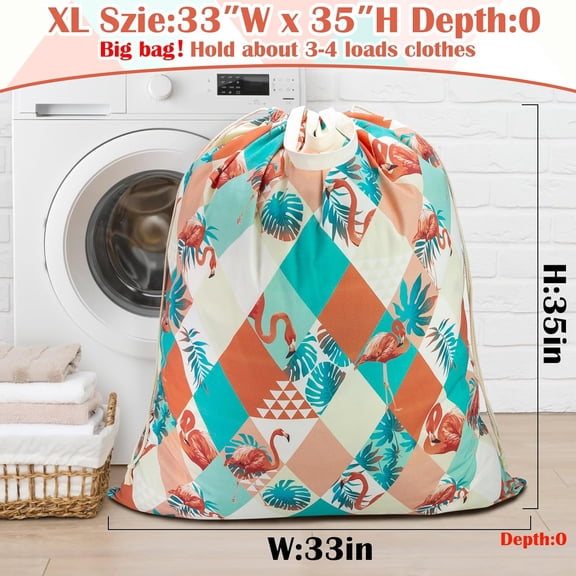 LMUMN-Canvas Laundry Bag 33"Wx 35"H, Thick Canvas Laundry Bag with Handles & Drawstring, Extra Large Heavy Duty Washable Basket Liner Hamper Liner Storage Sack (Pink Flamingo)