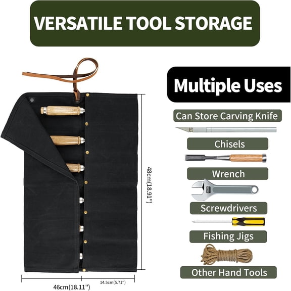 LMUMN-Chisel Roll,6 Pockets Roll Up Tool Pouch,Waxed Canvas Small Tool Roll Organizer and Wrench Roll Up Pouch,Store Chisel,Wrench,Pliers,Carving Knife (Black)