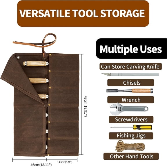 LMUMN-Chisel Roll,6 Pockets Roll Up Tool Pouch,Waxed Canvas Small Tool Roll Organizer and Wrench Roll Up Pouch,Store Chisel,Wrench,Pliers,Carving Knife (Brown)