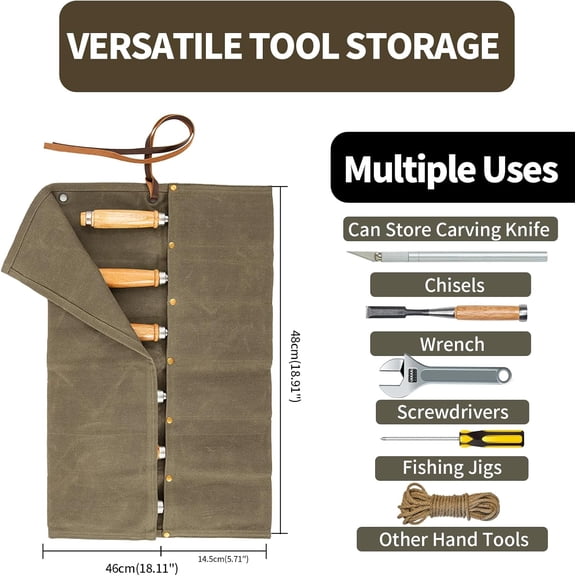 LMUMN-Chisel Roll,6 Pockets Roll Up Tool Pouch,Waxed Canvas Small Tool Roll Organizer and Wrench Roll Up Pouch,Store Chisel,Wrench,Pliers,Carving Knife (Coffee)