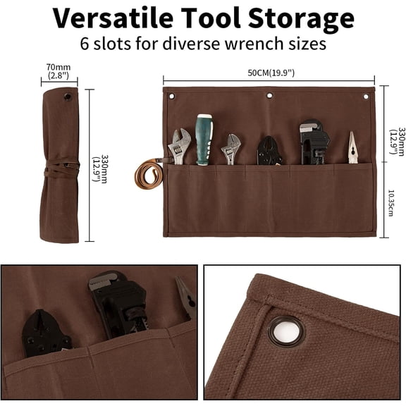 LMUMN-Chisel Roll,Small Tool Roll Pouch,Tool Roll Bag Organizer, Heavy Duty Waxed Canvas Tool Bag, Multi-Purpose Roll-Up Storage Bag for Hand Tools Holder with 6 Pockets Wrench Roll Up Pouch