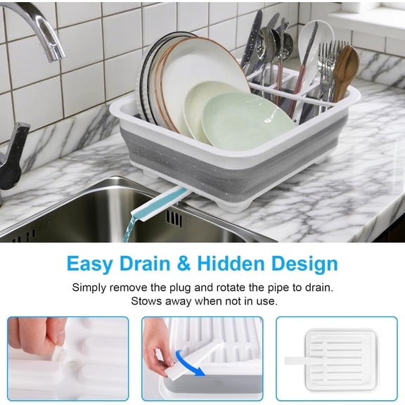 LMUMN-Collapsible Dish Drying Rack with Drain Plug Tube, Portable Dish Drainers for Kitchen Counter, Folding Dish Rack Over Sink Drying Dinnerware,Kitchen Sink Organizer Travel Trailer RV Camping Es