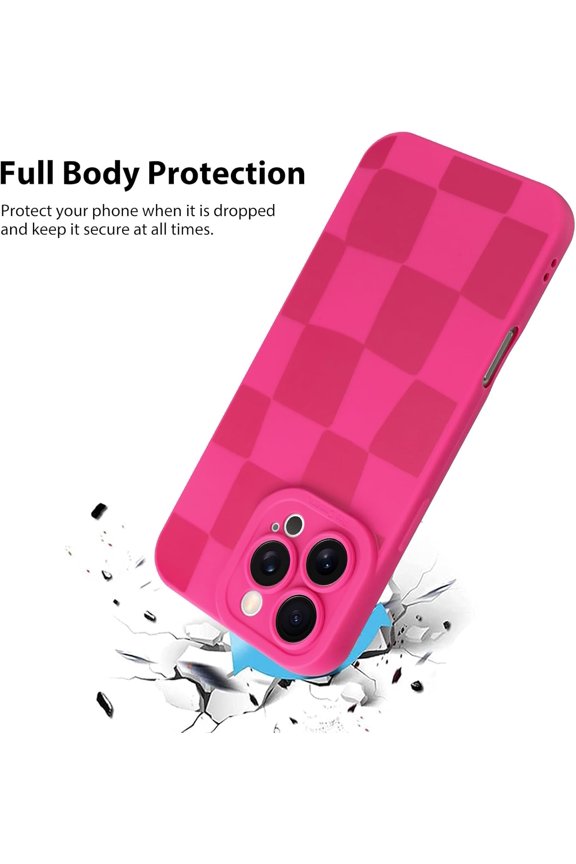 -Compatible with iPhone 16 Pro Case, Silicone Checkered Cute Pattern, Camera Protection Soft Slim Phone Case for Girls Women -Hot Pink