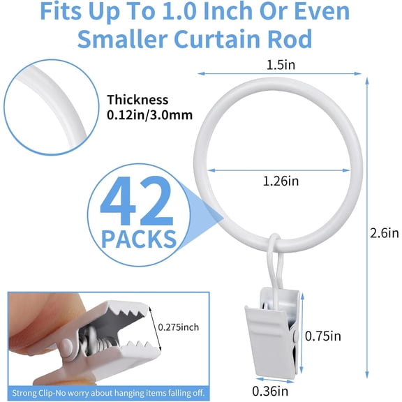 LMUMN-Curtain Rings with Clips, 42 Pack Metal Drapery Rings with Clips Hooks Hangers for Hanging Drapes Bows Hats, Drapes Rings 1.26 in Interior Diameter, Fits Up to 1 in Curtain Rod, White