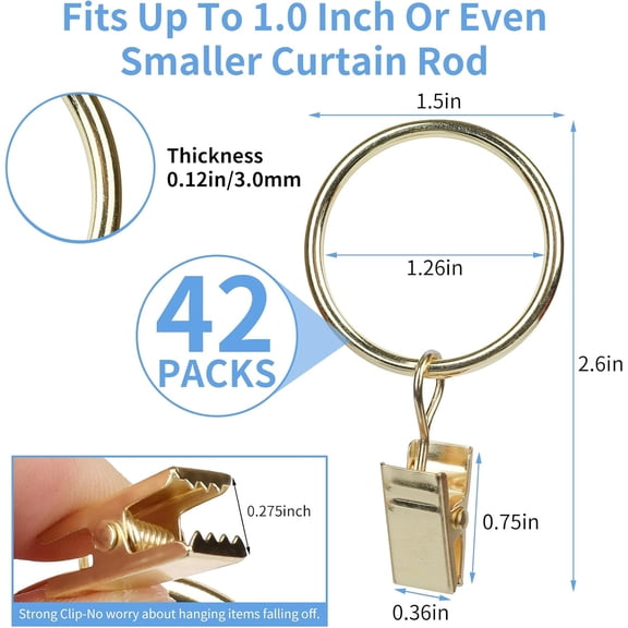 LMUMN-Curtain Rings with Clips, 42 Pack Metal Drapery Rings with Clips Hooks Hangers for Hanging Drapes Bows Hats, Drapes Rings 1.26 in Interior Diameter, Fits Up to 1 in Curtain Rod, Glossy Gold