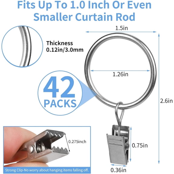 LMUMN-Curtain Rings with Clips, 42 Pack Metal Drapery Rings with Clips Hooks Hangers for Hanging Drapes Bows Hats, Drapes Rings 1.26 in Interior Diameter, Fits Up to 1 in Curtain Rod, Matte Silver