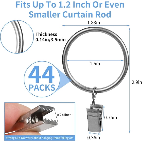 LMUMN-Curtain Rings with Clips, 44 Pack Metal Drapery Rings with Clips Hooks Hangers for Hanging Drapes Bows Hats, Drapes Rings 1.5 in Interior Diameter, Fits Up to 1.2 in Curtain Rod, Matte Silver