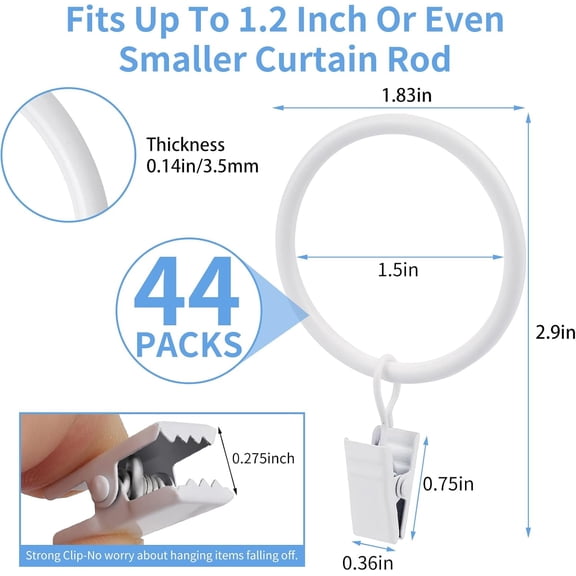 LMUMN-Curtain Rings with Clips, 44 Pack Metal Drapery Rings with Clips Hooks Hangers for Hanging Drapes Bows Hats, Drapes Rings 1.5 in Interior Diameter, Fits Up to 1.2 in Curtain Rod, White
