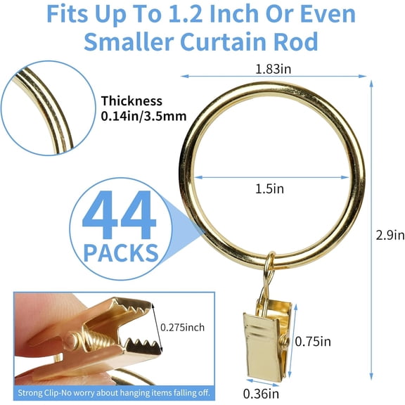 LMUMN-Curtain Rings with Clips, 44 Pack Metal Drapery Rings with Clips Hooks Hangers for Hanging Drapes Bows Hats, Drapes Rings 1.5 in Interior Diameter, Fits Up to 1.2 in Curtain Rod, Glossy Gold