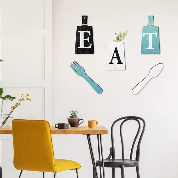 LMUMN-Cutting Board Eat Sign Set Hanging Art Kitchen Eat Sign Farmhouse Fork and Spoon Wall Decor Rustic Primitive Country Kitchen Decor for Home over Cabinet Decoration(Black, White, Teal)