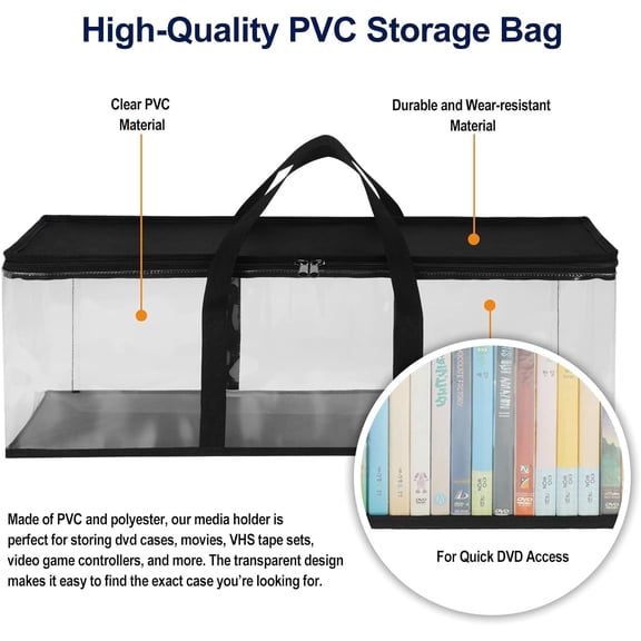 LMUMN-DVD Storage Bags Set of 2, Clear PVC Media Storage Organizer with Handles & Front Zipper Window, Stackable DVD/CD/Blu Ray Storage Cases for Movie Collections, Holds 35-40 DVDs Each