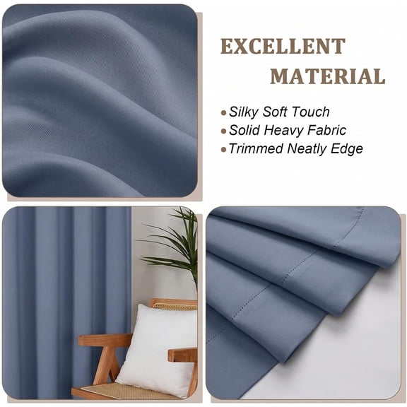 LMUMN-Denim Blue Room Darkening Curtains for Bedroom 72 Inches Long 2 Panels, Thermal Insulated Rod Pocket Soft Living Room Curtains, Energy Saving Drapes for Dining Room, Each Panel 40" W x 72" L