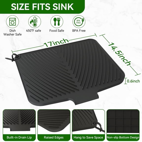 LMUMN-Dish Drying Mat for Kitchen Counter, Silicone Dish Drainers Pad, Non-Slip Under Sink Dish Drying Rack, Heat Resistant Small Stone Drying Board (16.9" x 14.6", Black)